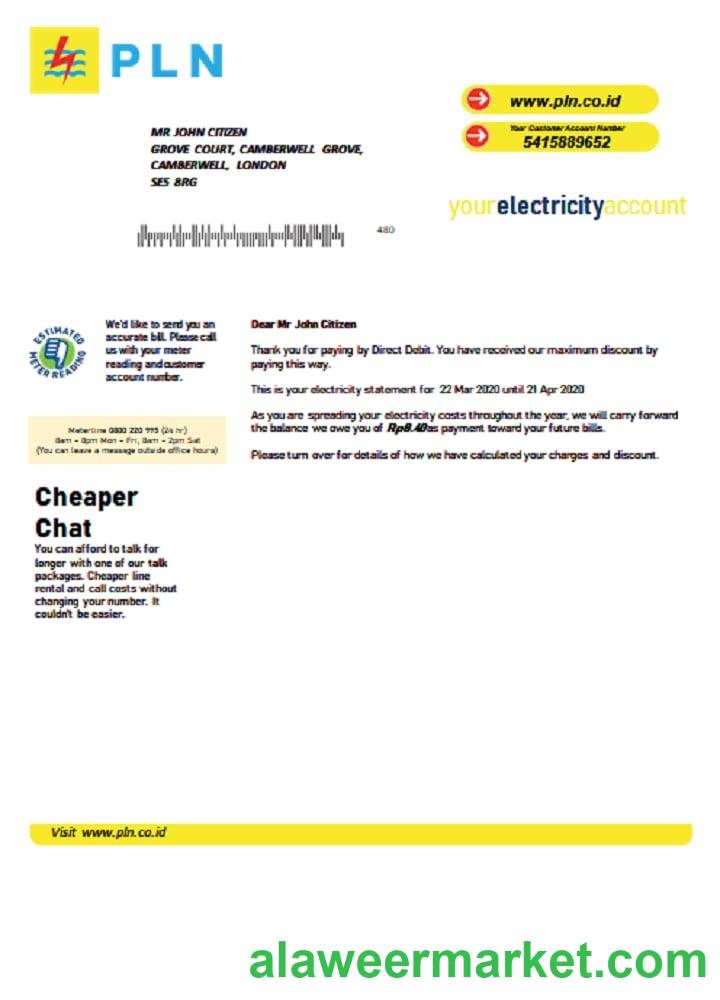 Indonesia PLN electricity utility bill template in Word and PDF format